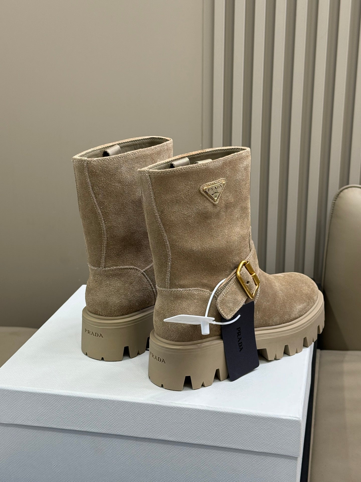 PRADA 25S PLATFORM ANKLE BOOTS IN RK BEIGE SUEDE WITH GOLD HARDWARE