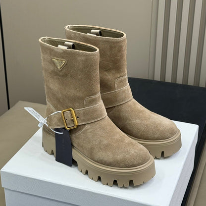 PRADA 25S PLATFORM ANKLE BOOTS IN RK BEIGE SUEDE WITH GOLD HARDWARE