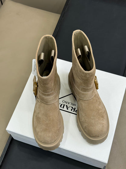 PRADA 25S PLATFORM ANKLE BOOTS IN RK BEIGE SUEDE WITH GOLD HARDWARE