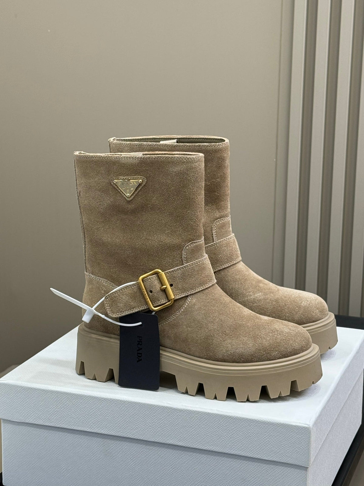 PRADA 25S PLATFORM ANKLE BOOTS IN RK BEIGE SUEDE WITH GOLD HARDWARE