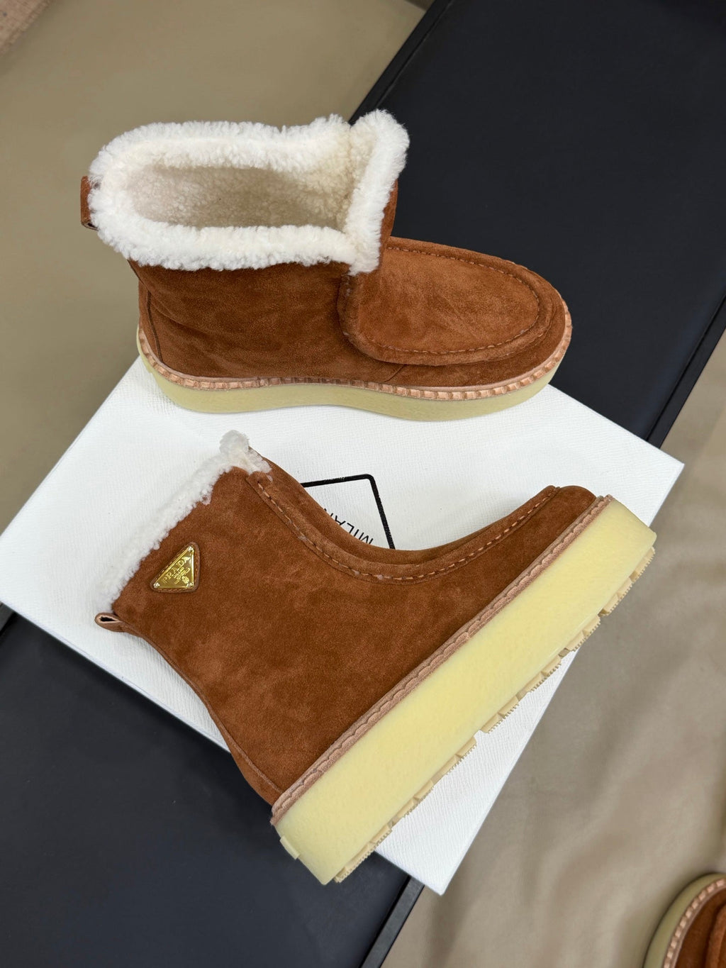 PRADA 25S PLATFORM ANKLE BOOTS 40 MM IN RK BROWN SUEDE SHEARLING-LINED