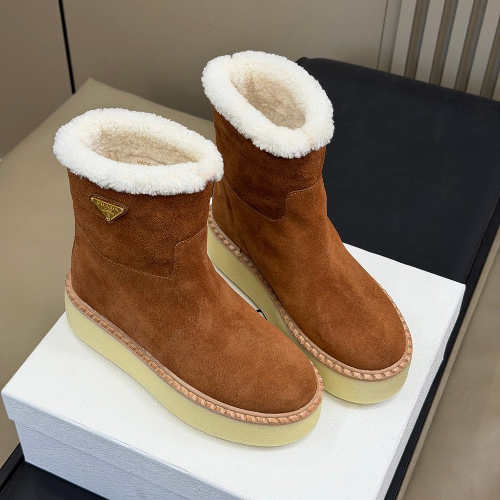 PRADA 25S ANKLE BOOTS 40 MM IN RK BROWN SUEDE SHEARLING-LINED