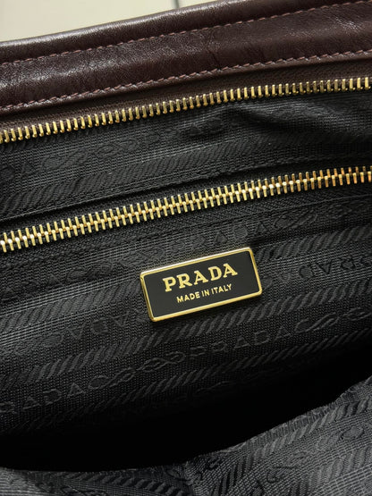 PRADA 25S BONNIE LARGE HANDBAG 38 IN RK BROWN GLOSSY CALFSKIN GOLD HARDWRE