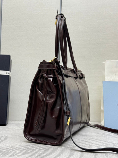 PRADA 25S BONNIE LARGE HANDBAG 38 IN RK BROWN GLOSSY CALFSKIN GOLD HARDWRE