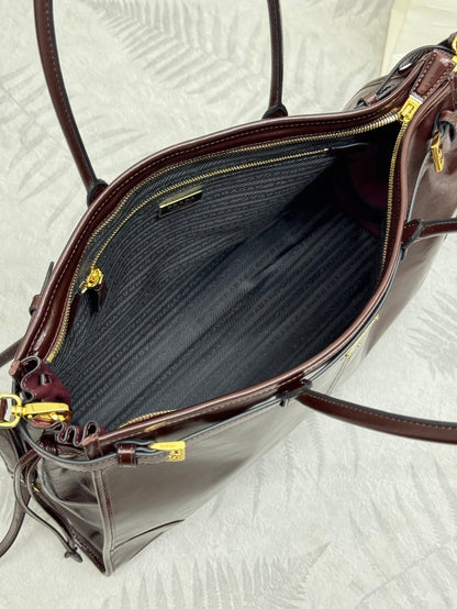 PRADA 25S BONNIE EXTRA-LARGE 42 IN RK BROWN GLOSSY CALFSKIN GOLD HARDWRE