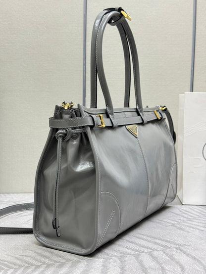 PRADA 25S BONNIE LARGE HANDBAG 38 IN GRAY GLOSSY CALFSKIN GOLD HARDWRE