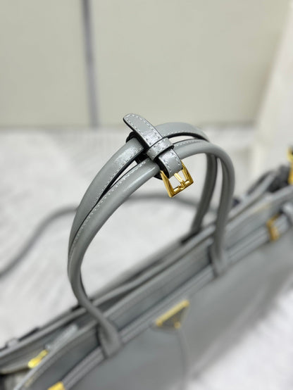 PRADA 25S BONNIE LARGE HANDBAG 38 IN GRAY GLOSSY CALFSKIN GOLD HARDWRE