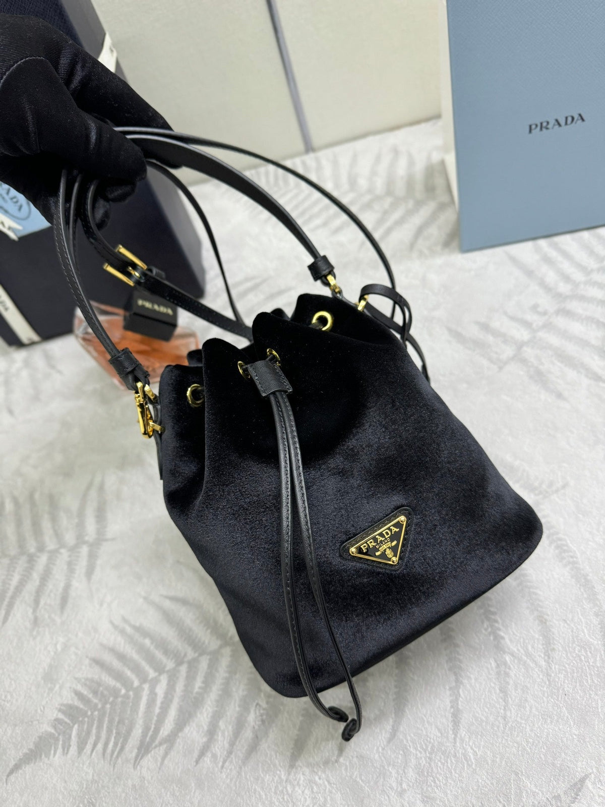 PRADA 25S BUCKET BAG 19 IN BLACK VELVET GOLD HARDWARE