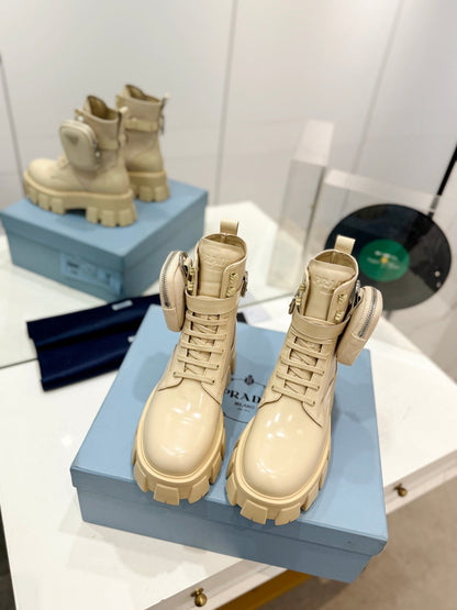 PRADA MONOLITH BRUSHED AND RE-NYLON BOOTS WITH POUCH BEIGE CALFSKIN