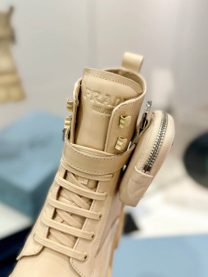 PRADA MONOLITH BRUSHED AND RE-NYLON BOOTS WITH POUCH BEIGE CALFSKIN