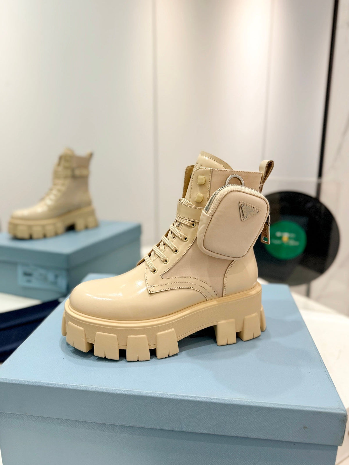 PRADA MONOLITH BRUSHED AND RE-NYLON BOOTS WITH POUCH BEIGE CALFSKIN