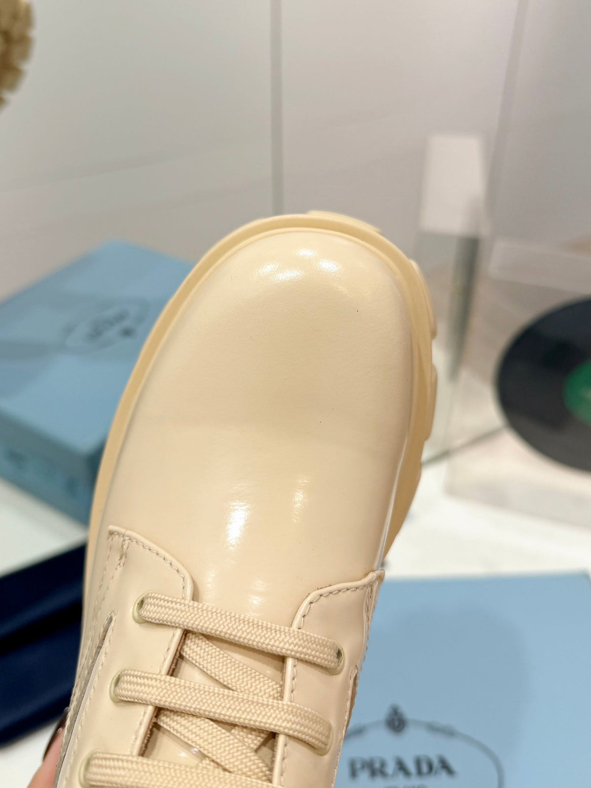 PRADA MONOLITH BRUSHED AND RE-NYLON BOOTS WITH POUCH BEIGE CALFSKIN