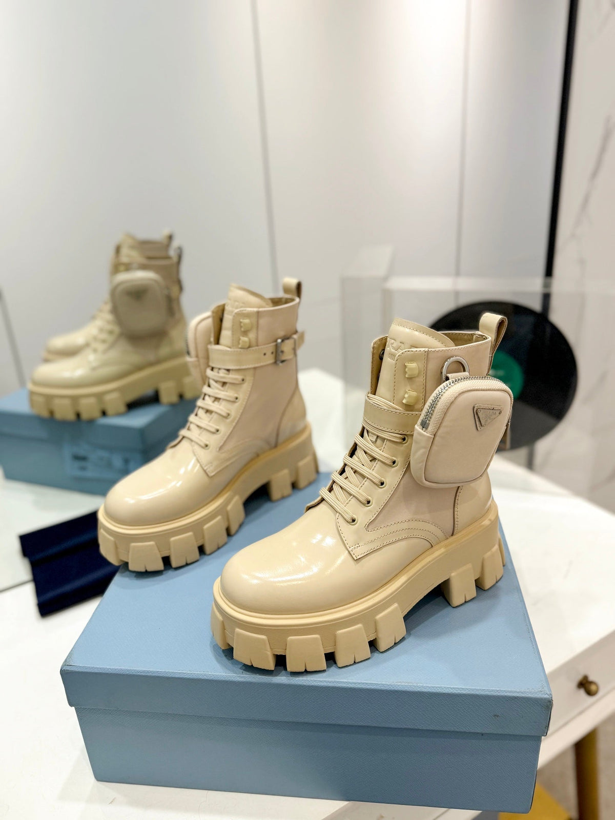 PRADA MONOLITH BRUSHED AND RE-NYLON BOOTS WITH POUCH BEIGE CALFSKIN