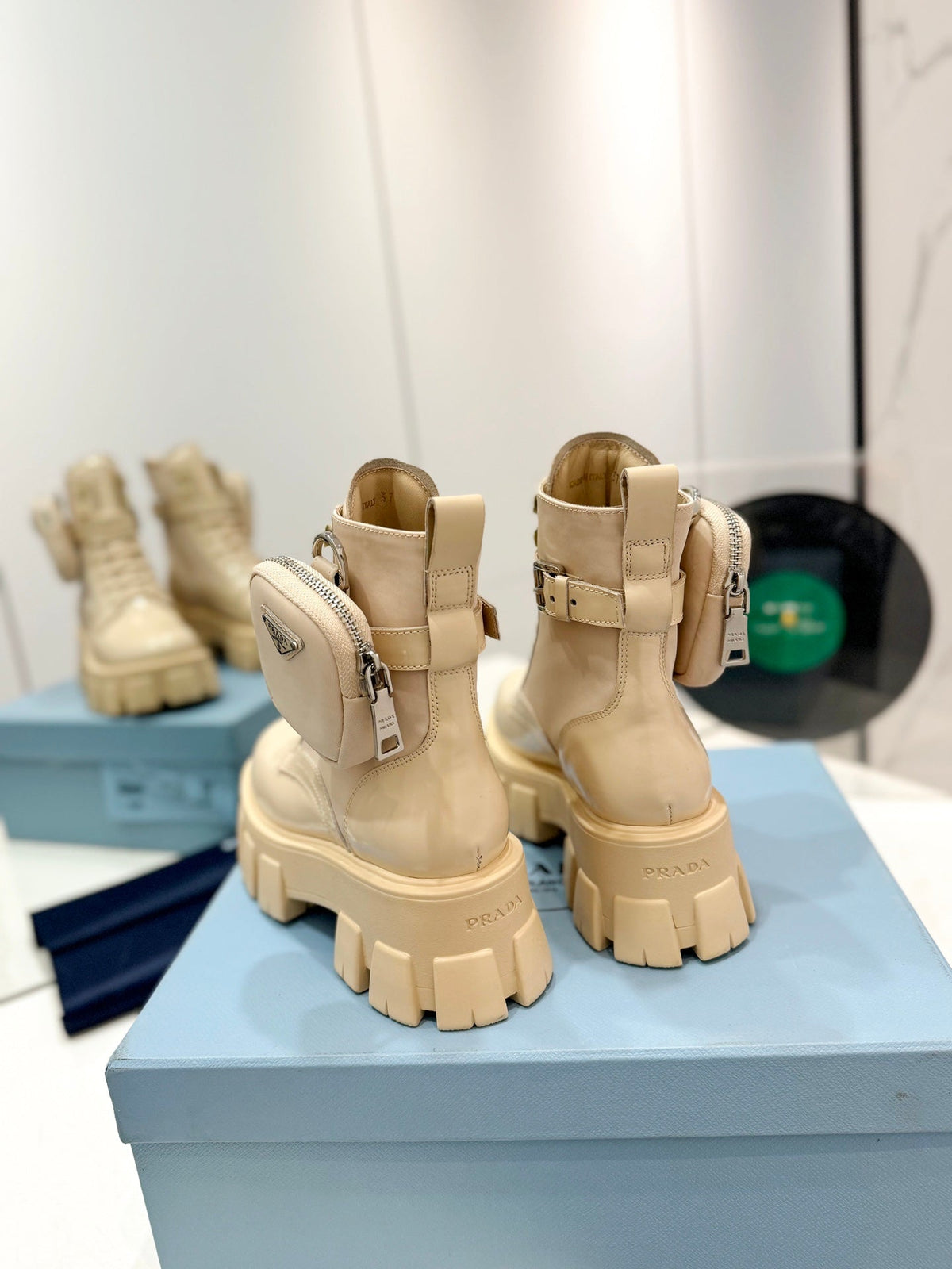 PRADA MONOLITH BRUSHED AND RE-NYLON BOOTS WITH POUCH BEIGE CALFSKIN