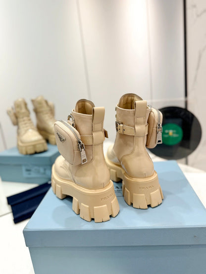 PRADA MONOLITH BRUSHED AND RE-NYLON BOOTS WITH POUCH BEIGE CALFSKIN