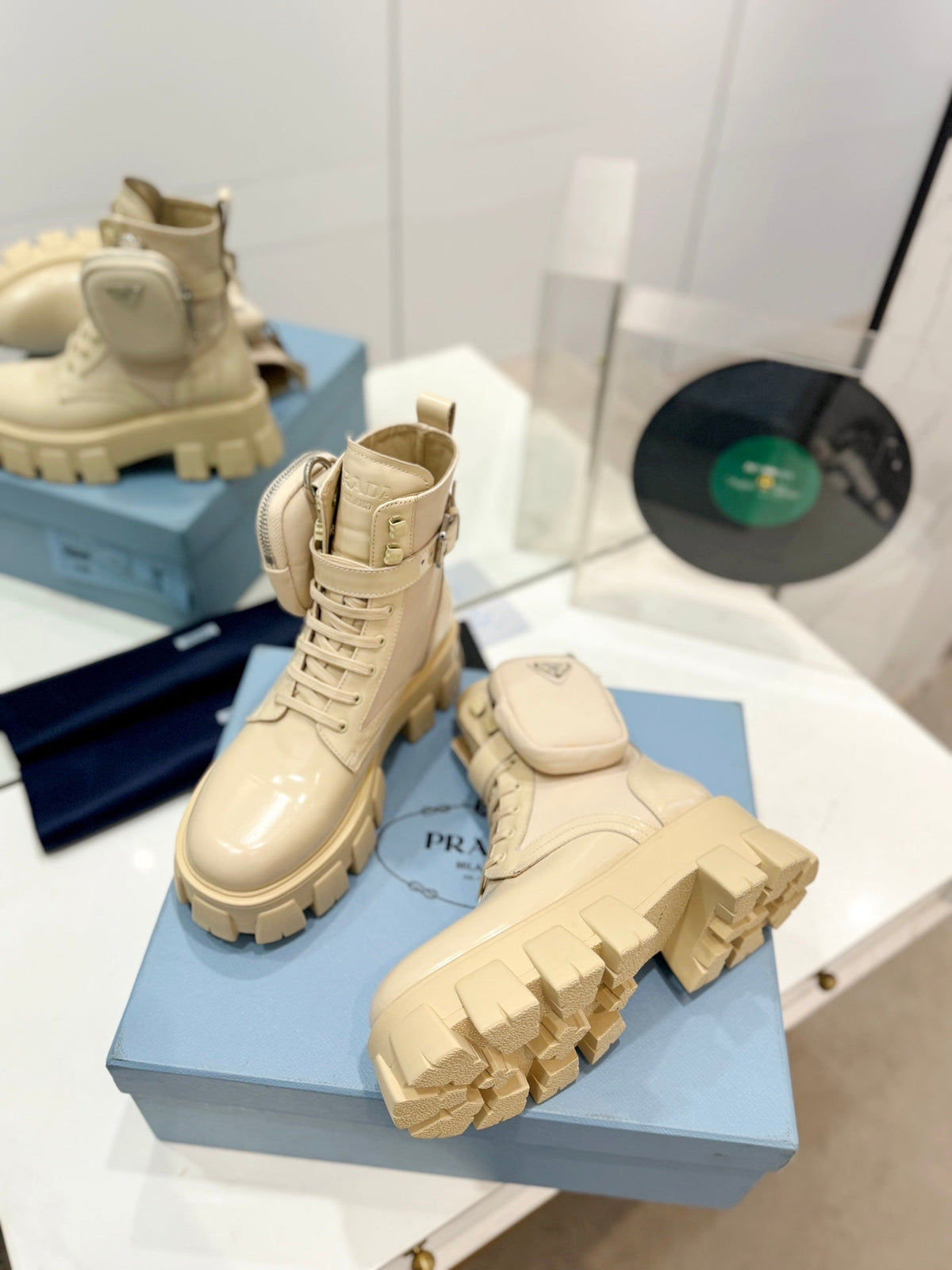PRADA MONOLITH BRUSHED AND RE-NYLON BOOTS WITH POUCH BEIGE CALFSKIN