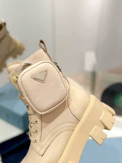 PRADA MONOLITH BRUSHED AND RE-NYLON BOOTS WITH POUCH BEIGE CALFSKIN