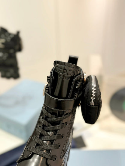 PRADA MONOLITH BRUSHED AND RE-NYLON BOOTS WITH POUCH TWINKLE BLACK CALFSKIN