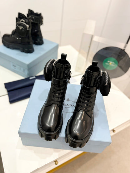PRADA MONOLITH BRUSHED AND RE-NYLON BOOTS WITH POUCH TWINKLE BLACK CALFSKIN