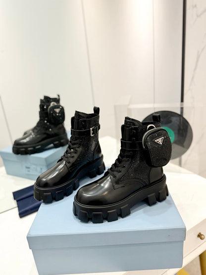 PRADA MONOLITH BRUSHED AND RE-NYLON BOOTS WITH POUCH TWINKLE BLACK CALFSKIN