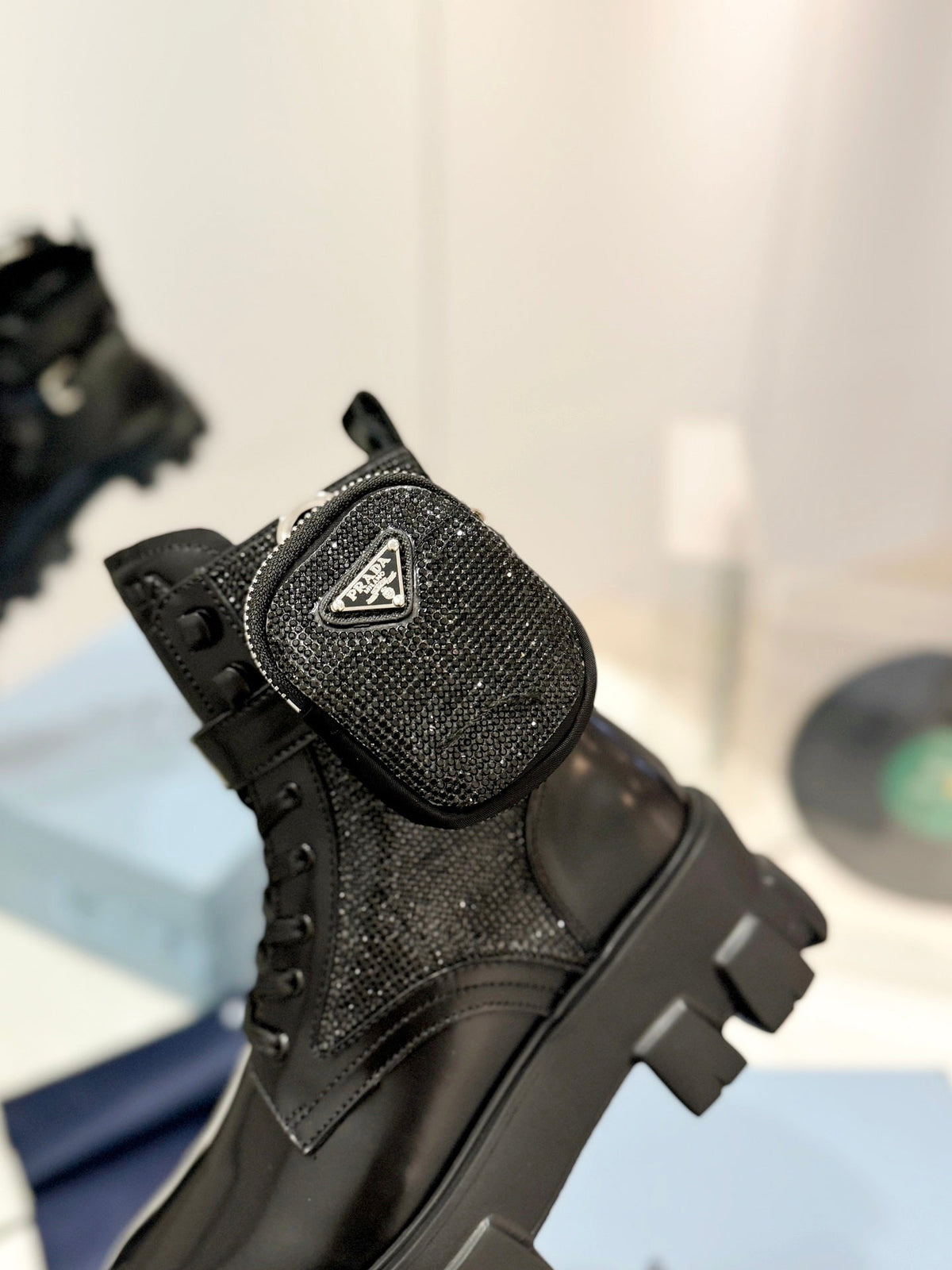 PRADA MONOLITH BRUSHED AND RE-NYLON BOOTS WITH POUCH TWINKLE BLACK CALFSKIN