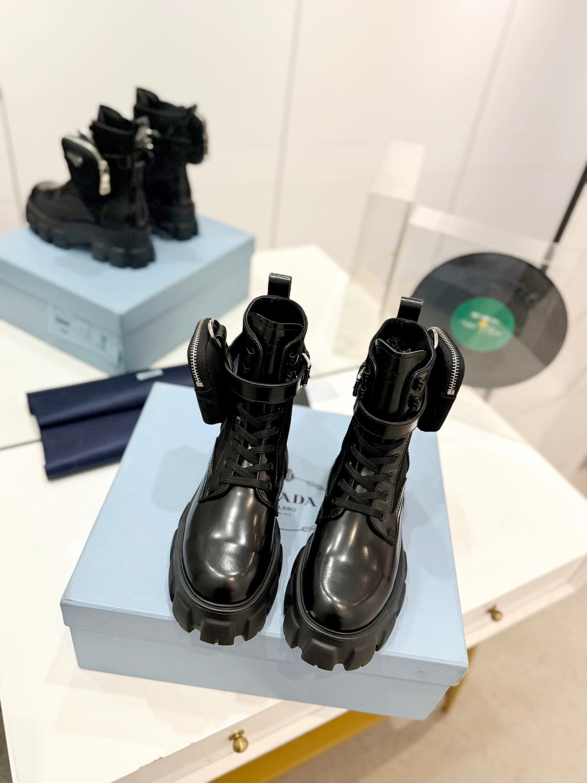 PRADA MONOLITH BRUSHED AND RE-NYLON BOOTS WITH POUCH BLACK CALFSKIN