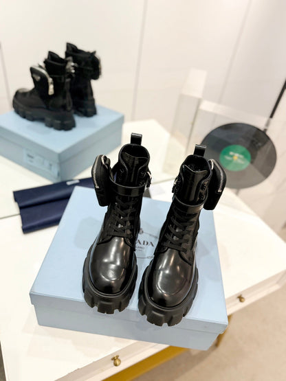 PRADA MONOLITH BRUSHED AND RE-NYLON BOOTS WITH POUCH BLACK CALFSKIN
