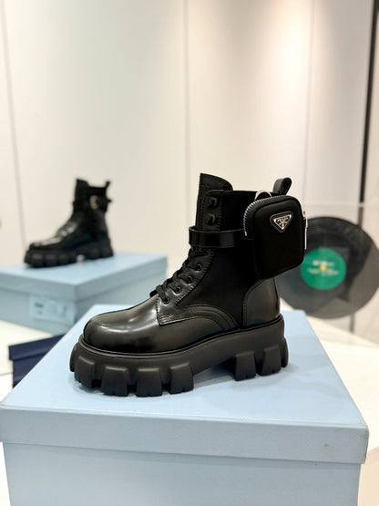 PRADA MONOLITH BRUSHED AND RE-NYLON BOOTS WITH POUCH BLACK CALFSKIN