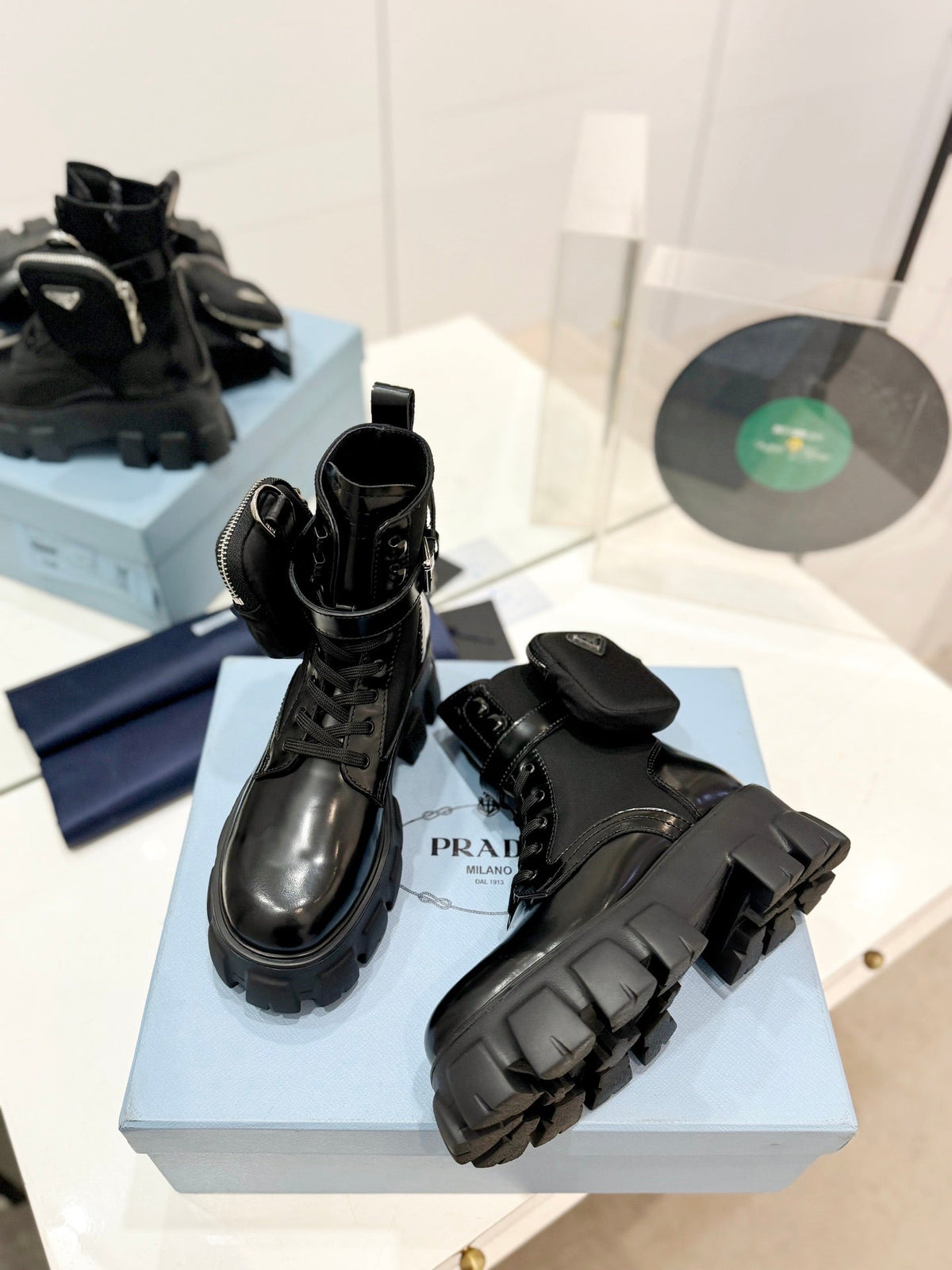 PRADA MONOLITH BRUSHED AND RE-NYLON BOOTS WITH POUCH BLACK CALFSKIN