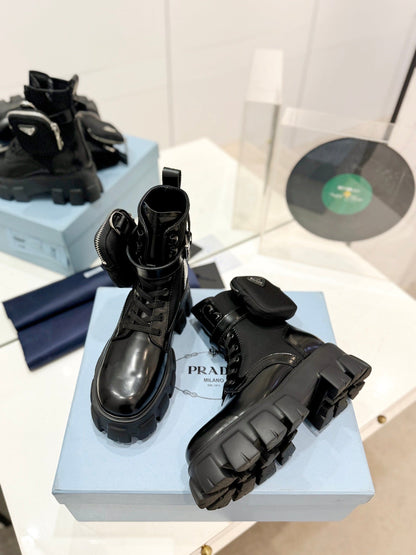 PRADA MONOLITH BRUSHED AND RE-NYLON BOOTS WITH POUCH BLACK CALFSKIN