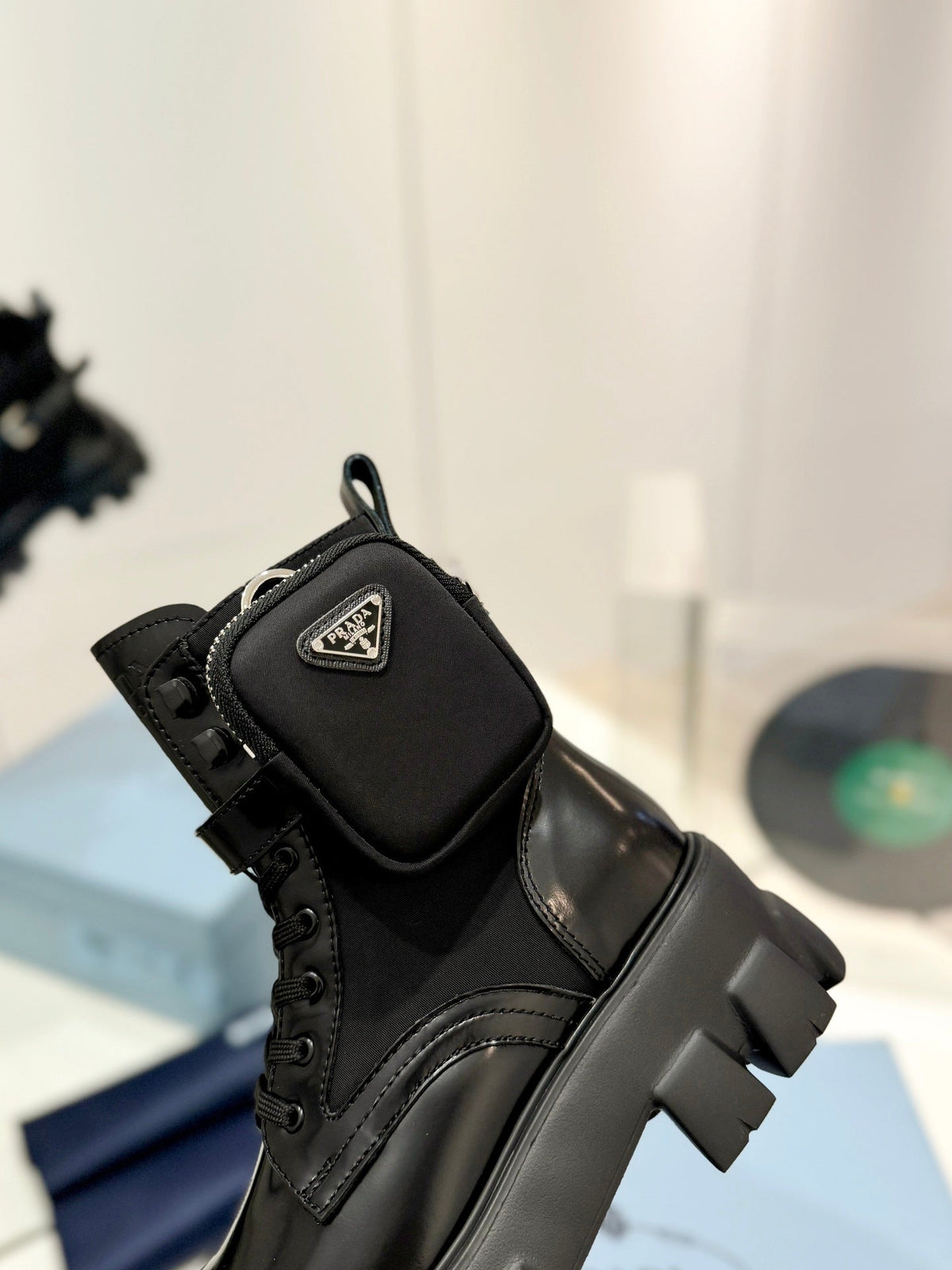 PRADA MONOLITH BRUSHED AND RE-NYLON BOOTS WITH POUCH BLACK CALFSKIN