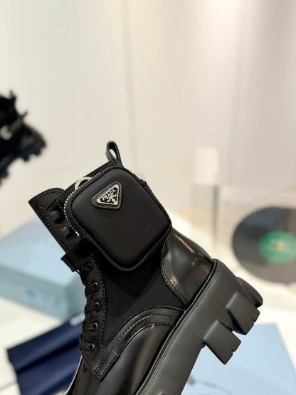 PRADA MONOLITH BRUSHED AND RE-NYLON BOOTS WITH POUCH BLACK CALFSKIN