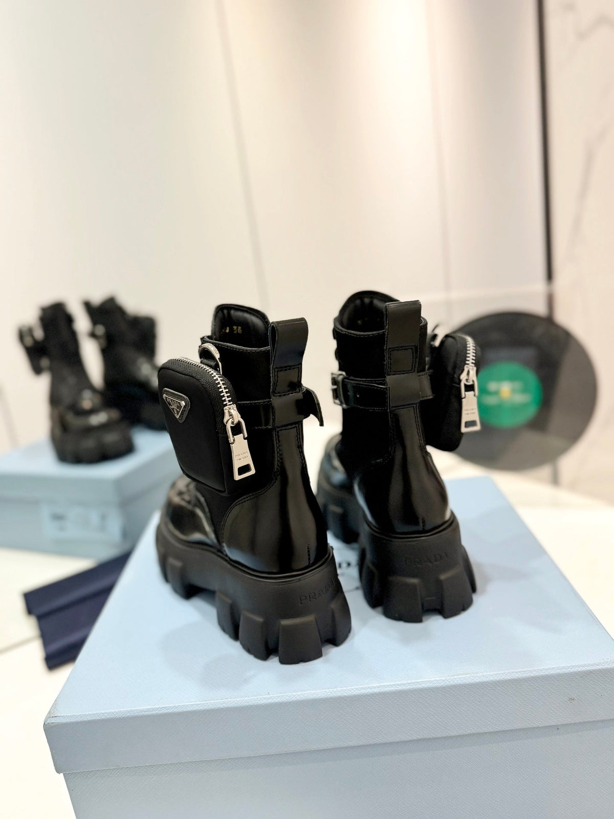 PRADA MONOLITH BRUSHED AND RE-NYLON BOOTS WITH POUCH BLACK CALFSKIN