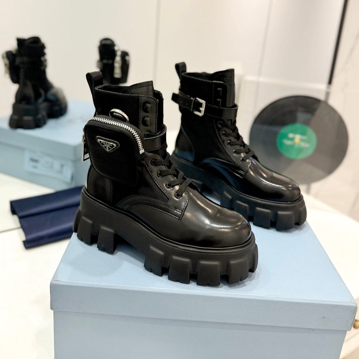 PRADA MONOLITH BRUSHED AND RE-NYLON BOOTS WITH POUCH BLACK CALFSKIN