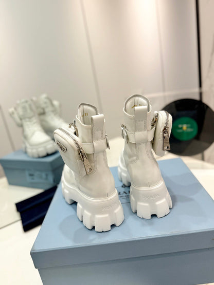 PRADA MONOLITH BRUSHED AND RE-NYLON BOOTS WITH POUCH WHITE CALFSKIN