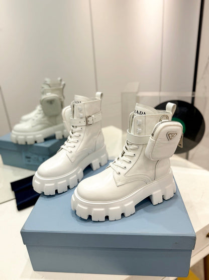 PRADA MONOLITH BRUSHED AND RE-NYLON BOOTS WITH POUCH WHITE CALFSKIN