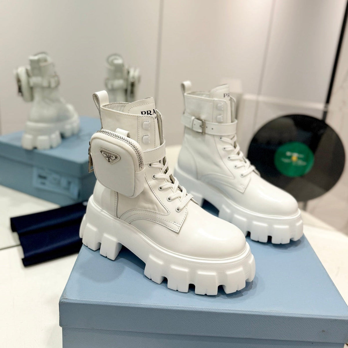 PRADA MONOLITH BRUSHED AND RE-NYLON BOOTS WITH POUCH WHITE CALFSKIN