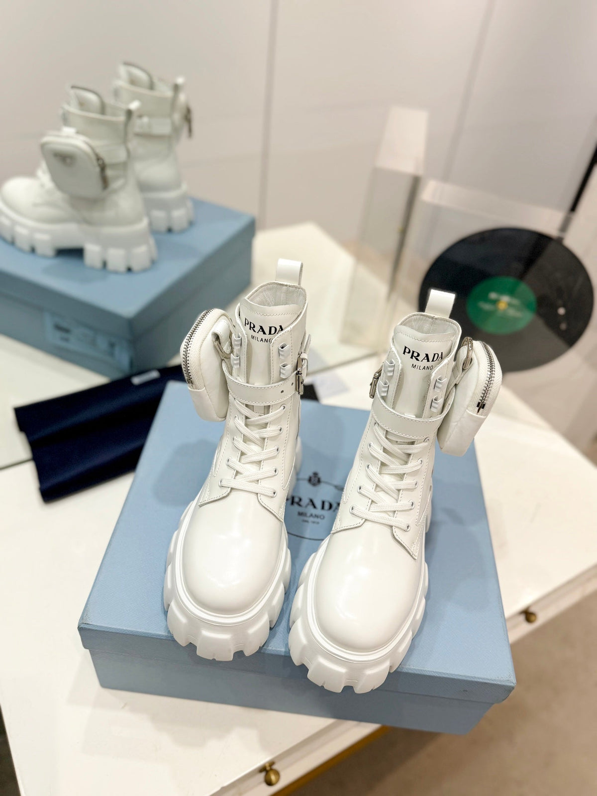 PRADA MONOLITH BRUSHED AND RE-NYLON BOOTS WITH POUCH WHITE CALFSKIN