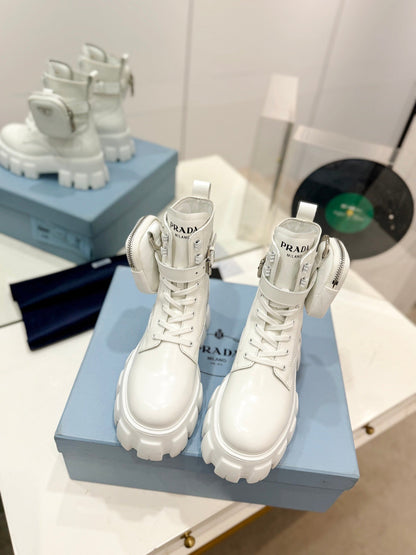 PRADA MONOLITH BRUSHED AND RE-NYLON BOOTS WITH POUCH WHITE CALFSKIN