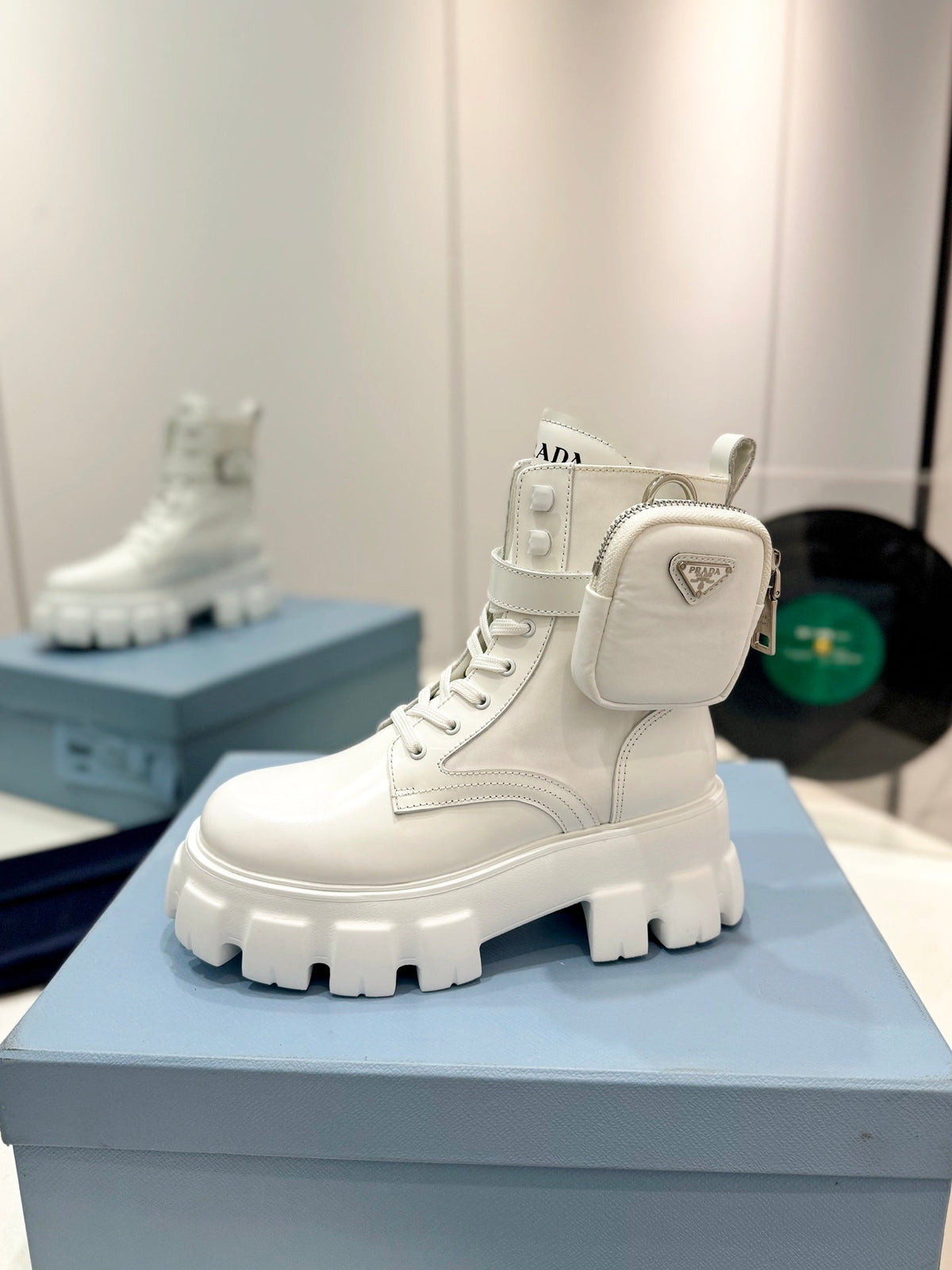 PRADA MONOLITH BRUSHED AND RE-NYLON BOOTS WITH POUCH WHITE CALFSKIN