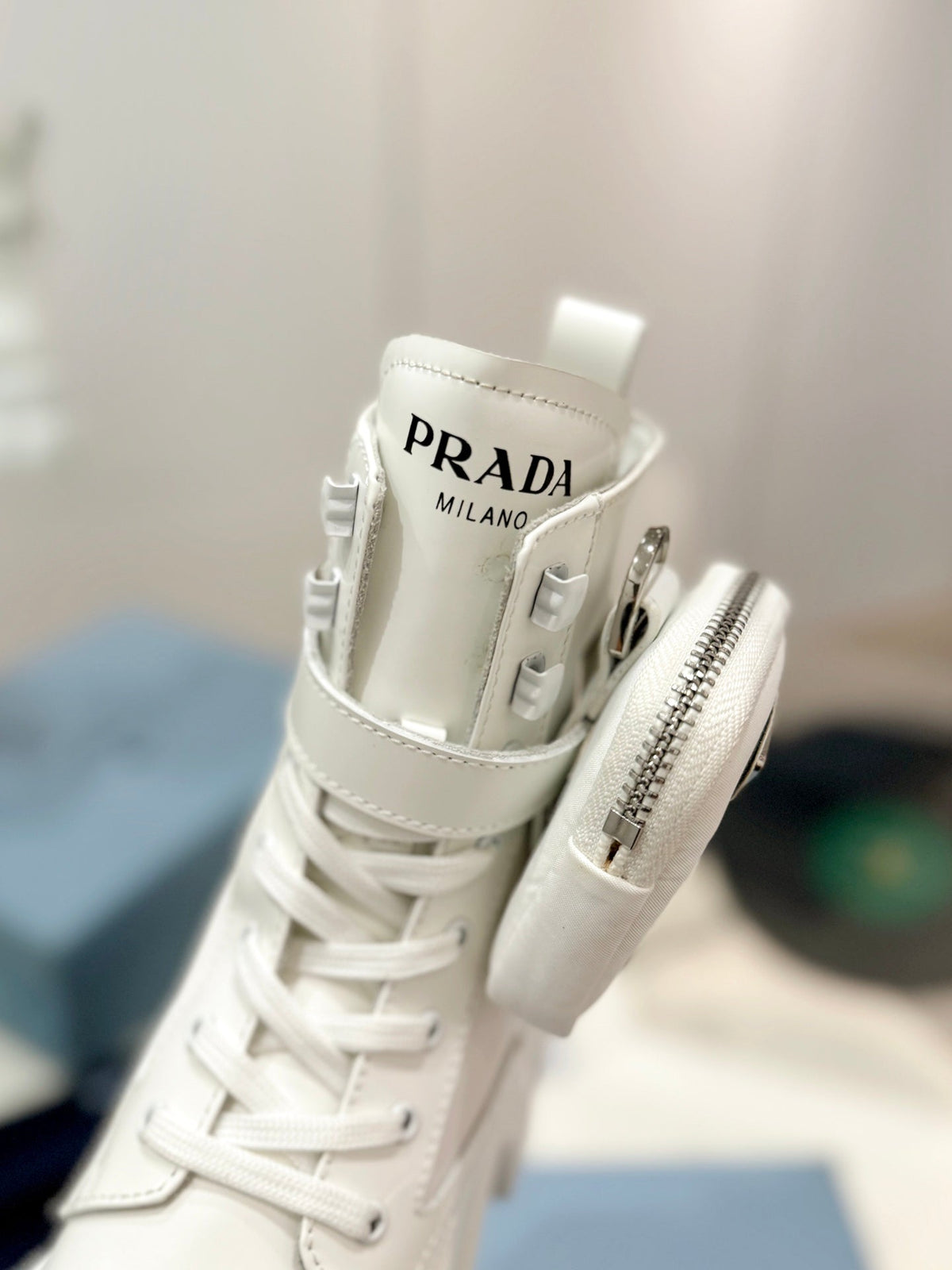PRADA MONOLITH BRUSHED AND RE-NYLON BOOTS WITH POUCH WHITE CALFSKIN
