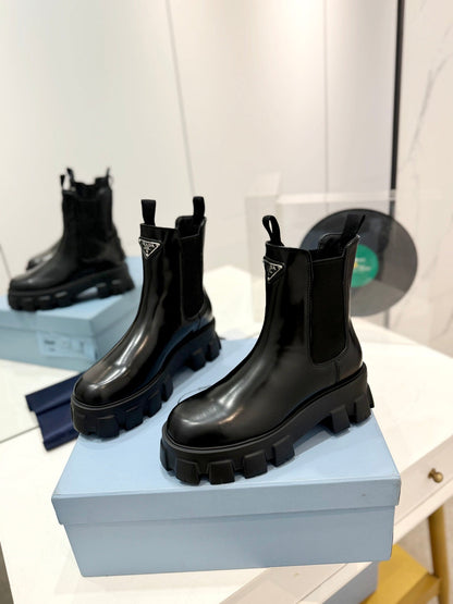 PRADA MONOLITH BRUSHED LEATHER BOOTIES BLACK