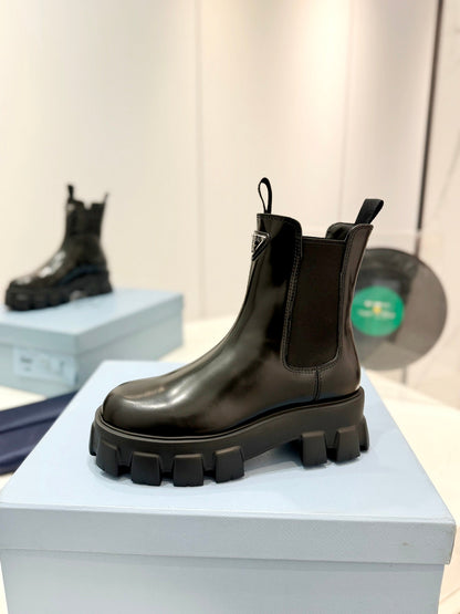 PRADA MONOLITH BRUSHED LEATHER BOOTIES BLACK