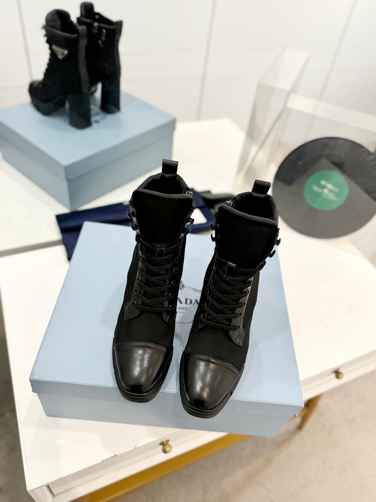 PRADA RE-NYLON AND LEATHER BOOTIES BLACK