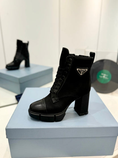 PRADA RE-NYLON AND LEATHER BOOTIES BLACK