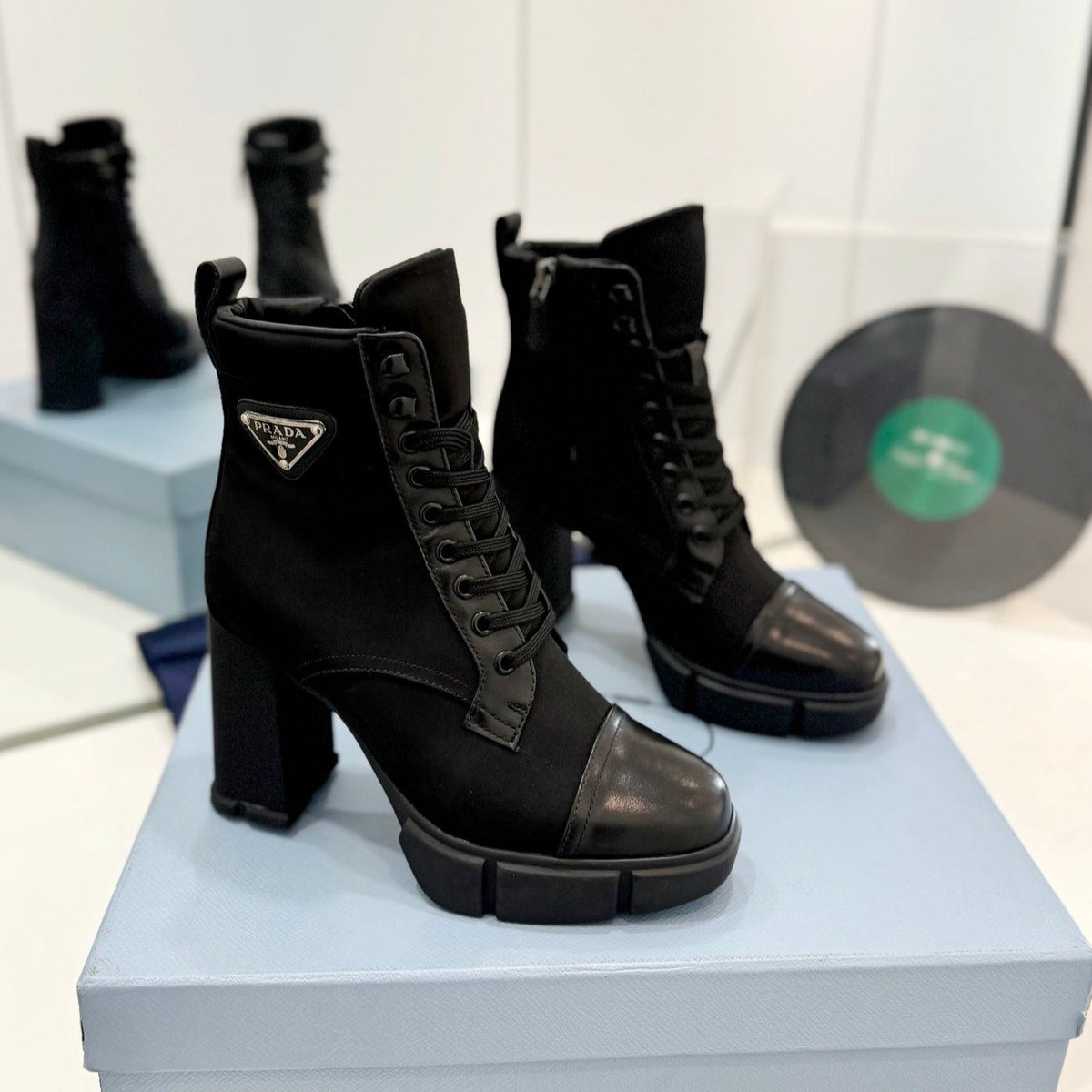 PRADA RE-NYLON AND LEATHER BOOTIES BLACK