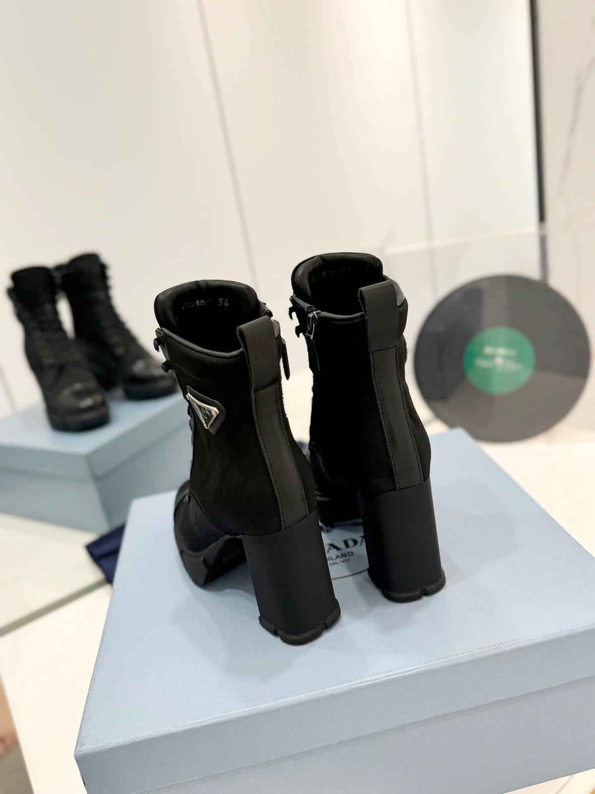 PRADA RE-NYLON AND LEATHER BOOTIES BLACK