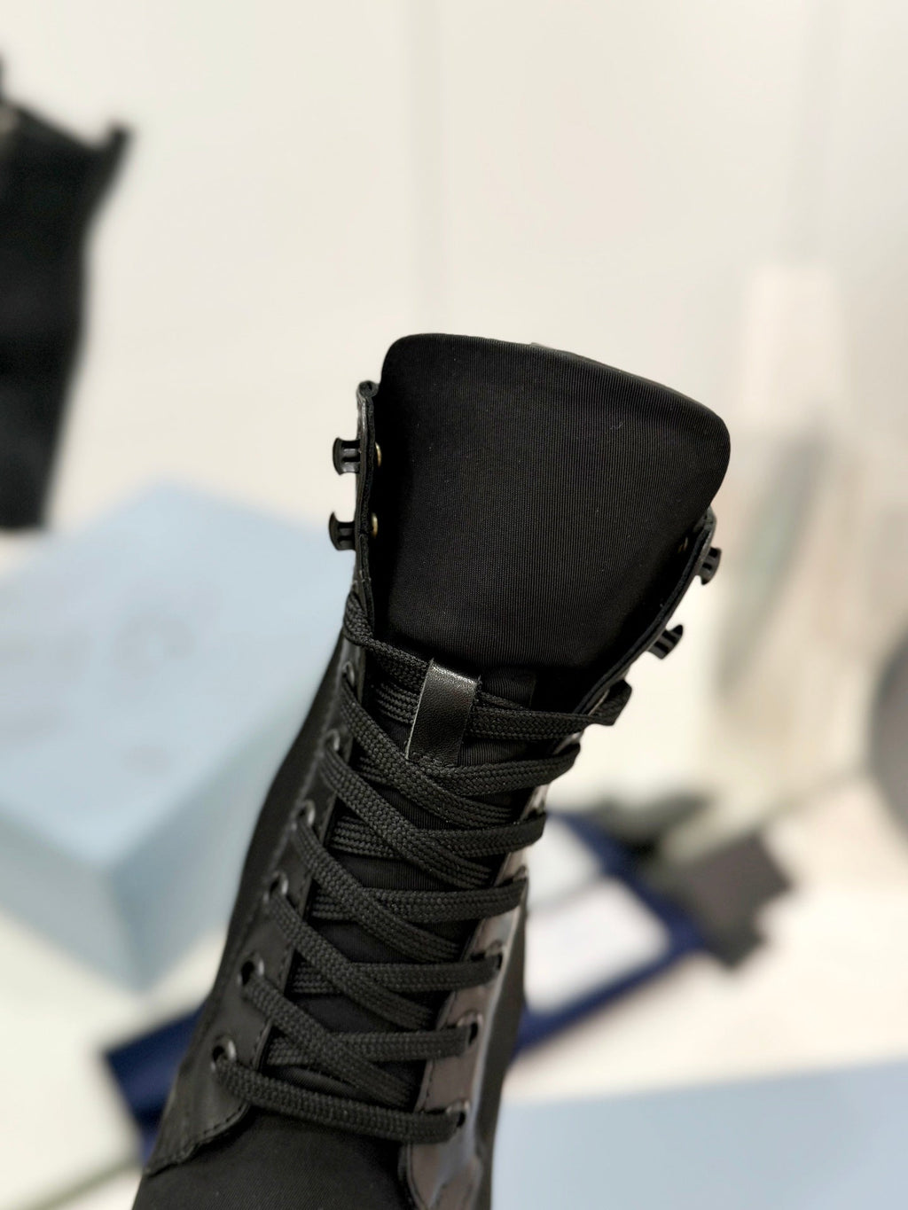 PRADA RE-NYLON AND LEATHER BOOTIES BLACK
