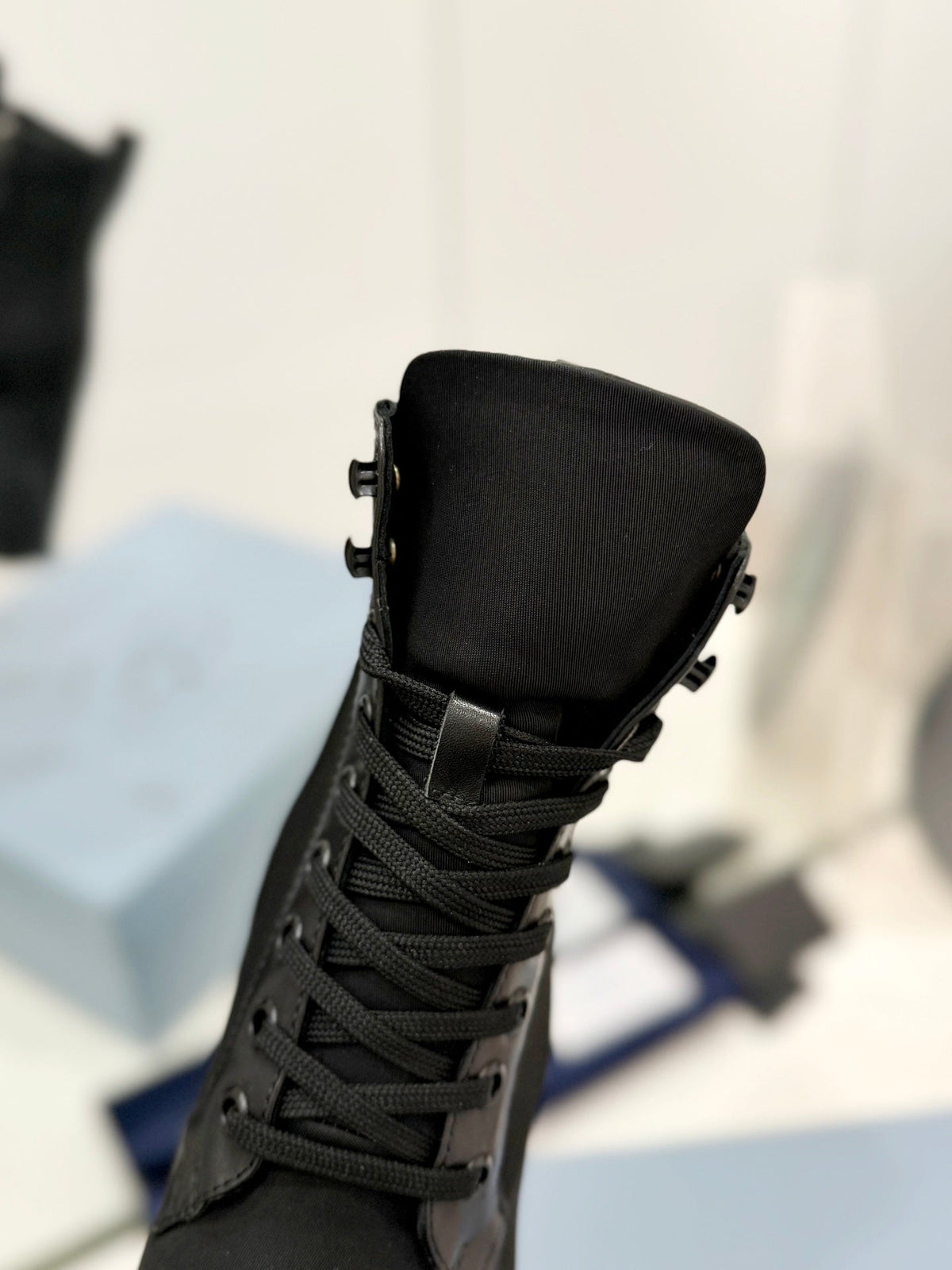 PRADA RE-NYLON AND LEATHER BOOTIES BLACK