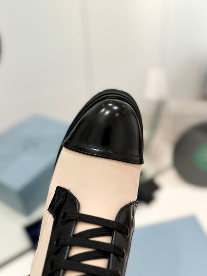 PRADA BRUSHED LEATHER AND RE-NYLON LACED BOOTIES PASTEL PINK